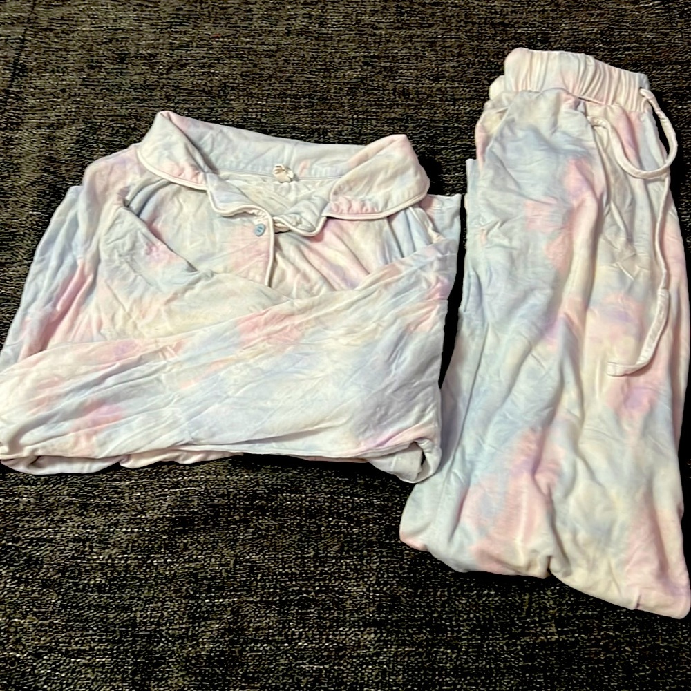Pink and blue tie-dye pajama set.
